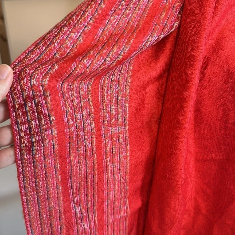Soft Red Scarf with Striping and Fringe- Viscose and Acrylic Blend
